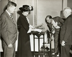 Visitors look at a new hospital bed and serving table - San Jacinto Memorial Hospital opening day